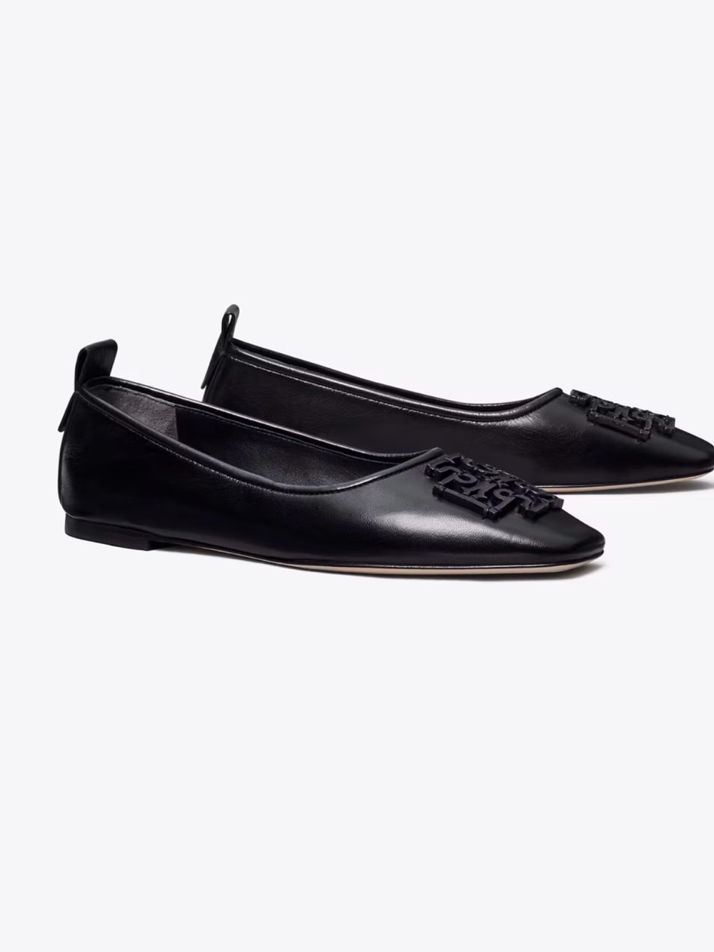 Tory Burch Black Leather Logo Square-Toe Ballet Flats